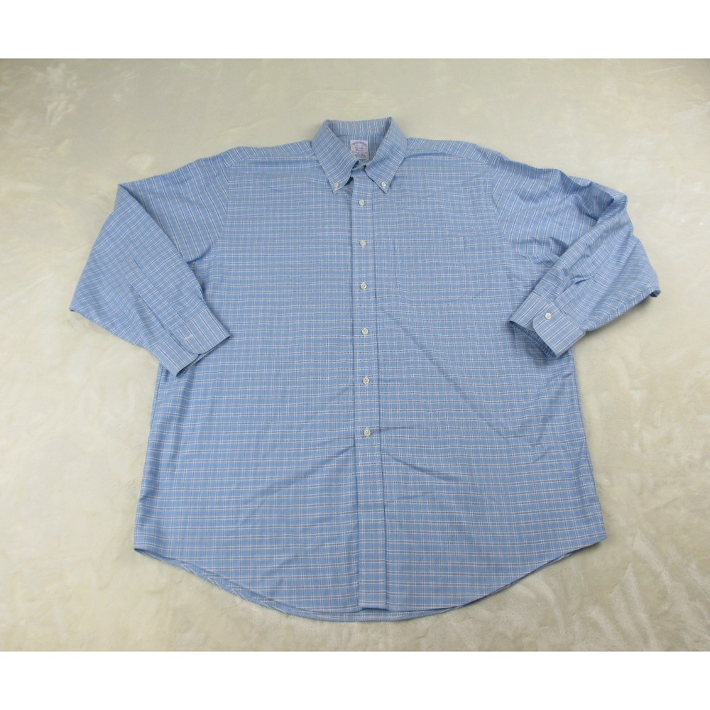 Brooks Brothers Shirt Mens 2XL XXL Blue Plaid Button Up Long Sleeve Casual*
